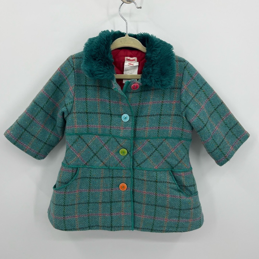 Catimini green plaid wool coat